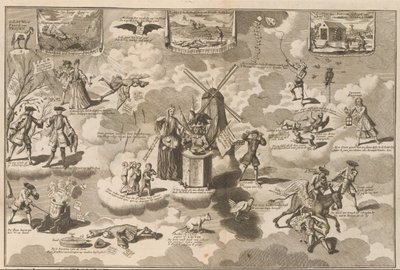 El accionista derrotado en la silla que suena, 1720 El Accionista Derrotado en la Silla con Rinkels, persuadido por el Caballo de Troya de Lauwerd (título sobre el objeto) La gran escena de la locura (título de la serie) de Anonymous