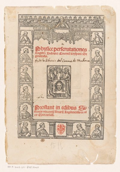 Marco decorativo con quince eruditos Portada para: Luis Coronel, Physice perscrutationes, 1511 de Anonymous