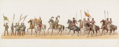Procesión de Delft de 1873 (cuarto plato) Procesión disfrazada realizada por los miembros del Cuerpo de Estudiantes de Delft el 8 de julio de 1873, que representa la entrada de Karel van Egmond, duque de Gelre, conde de Zutphen, en Arnhem en 1492 (serie t de Anonymous