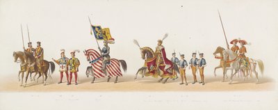 Procesión de Delft de 1873 (quinto plato) Procesión disfrazada realizada por los miembros del Cuerpo de Estudiantes de Delft el 8 de julio de 1873, que representa la entrada de Karel van Egmond, duque de Gelre, conde de Zutphen, en Arnhem en 1492 (serie t de Anonymous