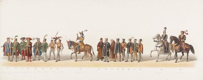 Procesión de Delft de 1873 (sexto plato) Procesión disfrazada realizada por los miembros del Cuerpo de Estudiantes de Delft el 8 de julio de 1873, que representa la entrada de Karel van Egmond, duque de Gelre, conde de Zutphen, en Arnhem en 1492 (serie ti de Anonymous