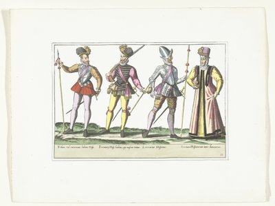 Tres soldados españoles uniformados y un comerciante, hacia 1580 Trajes militares españoles (título sobre objeto) de Anonymous