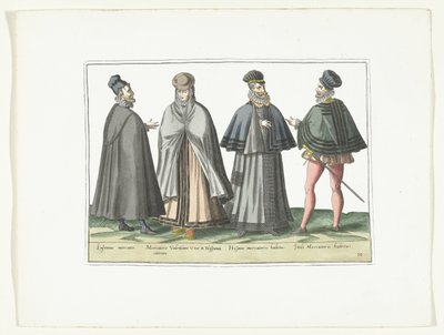 Tres hombres y una mujer vestidos a la moda extranjera, hacia 1580 Modes étrangères (título sobre objeto) de Anonymous