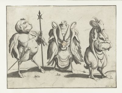 tres monstruos Figuras grotescas rodeadas por una línea de encuadre (título de la serie) de Anonymous