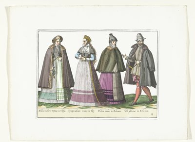 Tres mujeres y un hombre vestidos a la moda alemana, hacia 1580 Vestuario Allemands (título sobre objeto) de Anonymous