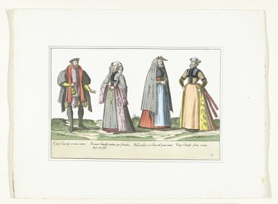 Tres mujeres y un hombre vestidos a la moda alemana, hacia 1580 Vestuario Allemands (título sobre objeto) de Anonymous