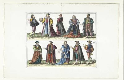 Placa doble con cinco hombres y cinco mujeres vestidos a la moda inglesa, hacia 1580 Vestuario inglés (título sobre el objeto) de Anonymous