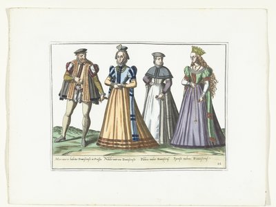 Un hombre y tres mujeres vestidos a la moda alemana en Danzig, hacia 1580 Vestuario Allemands (título sobre objeto) de Anonymous
