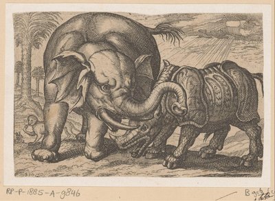 Un rinoceronte lucha contra un elefante. Fighting Animals (copias) (título de la serie) de Anonymous