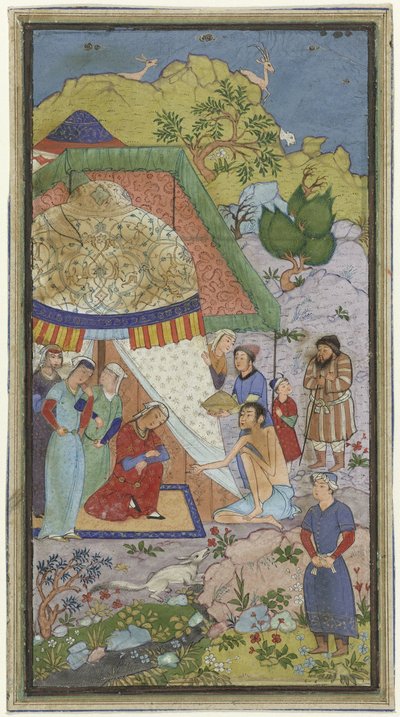 Episodio de la historia de amor de Laila y Majnun, Majnun hablando con Laila frente a una carpa de Anonymous