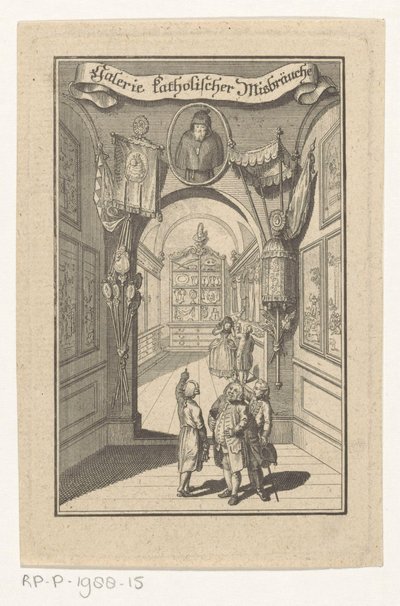 Figuras en galería con retrato y objetos litúrgicos
Galerie katholischer Misbräuche (título en el objeto)
Portada de: Joseph Richter, Bildergalerie katholischer Misbräuche, 1784 de Anonymous