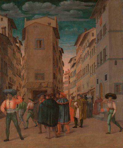 Escena callejera florentina con doce figuras (Acogiendo al viajero, una de las siete obras de misericordia) de Anonymous