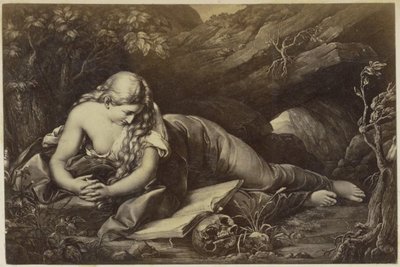 Reproducción fotográfica de (presumiblemente) una impresión de una María Magdalena orando en el desierto de Anonymous