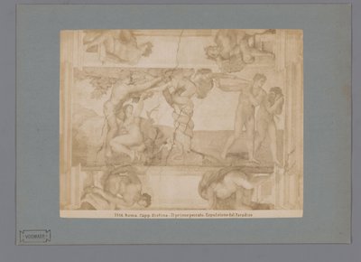 Reproducción fotográfica del fresco La Caída y Expulsión del Paraíso de Miguel Ángel en la Capilla Sixtina Roma. cap. sistina El primo peccato. Espulsione dal Paradiso (título sobre objeto) de Anonymous