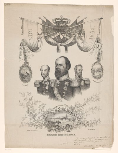 Placa conmemorativa con motivo del 50 aniversario holandés con retratos de los reyes Guillermo I, II y III Gloria holandesa bajo naranja (título sobre objeto) de Anonymous