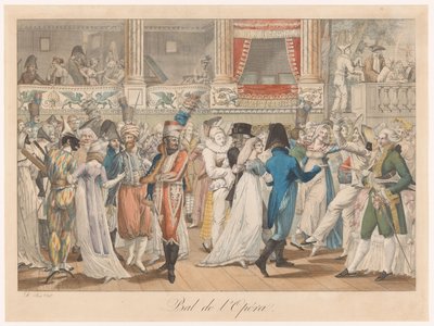 Bola de la compra
Bola de ópera (título en el objeto)
Cinco cuadros de trajes parisinos (título de la serie) de Anonymous