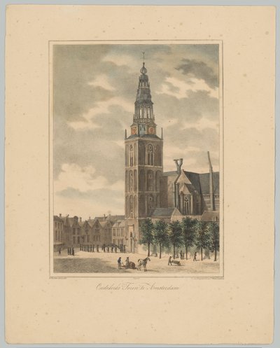 Vista del Oudekerkstoren en Amsterdam Torre Oudekerks en Ámsterdam (título sobre el objeto) Rostros de las Seis Torres Principales de la Ciudad de Ámsterdam. 2do Cahier (título de la serie) de Anonymous