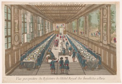 Vista del comedor del Hôtel des Invalides de París con una compañía en una comida
Vue perspective du refectoire de l