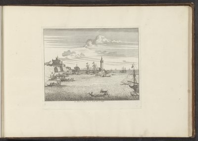 Vista del puerto con un faro y un palacio en Nápoles Le Mole, le Cinosura, et le Castell Novo, à Naples (título sobre el objeto) Palacios y Monumentos de Venecia, Livorno, Nápoles y Roma (título de la serie) de Anonymous