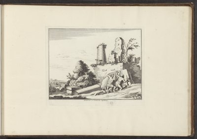 Vista de las ruinas de la tumba de Horatii y Curatii en Roma Horatiorum et Curatiorum Sepulchrum (título sobre el objeto) Palacios y Monumentos de Venecia, Livorno, Nápoles y Roma (título de la serie) de Anonymous