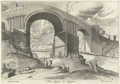 Vista de un puente desde la ciudad de Segovia Pons Segouiae en Hispania (título sobre objeto) Prospecto de Ruinarum varii (título de la serie) de Anonymous