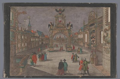 Vista de un arco de triunfo con un águila bicéfala y un busto retrato de José II, emperador alemán, en Fráncfort del Meno de Anonymous