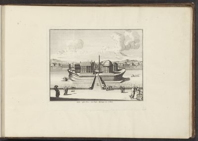 Vista de la isla Tiberina en Roma Insula instar Navis, cum Templo Aesculapij. etc: à Rome (título sobre el objeto) Palacios y Monumentos de Venecia, Livorno, Nápoles y Roma (título de la serie) de Anonymous