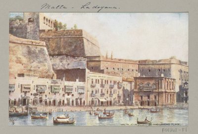 Vista de la costa de Malta con embarcadero y edificio de aduanas Malta. Aduana y lugar de aterrizaje (título sobre el objeto) de Anonymous