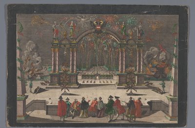 Vista de los fuegos artificiales y de un arco de triunfo con un águila bicéfala y el nombre de José II, emperador alemán de Anonymous