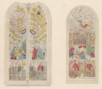 Glasramen en de Oude Kerk te Amsterdam, 1810-1825 Representación de las famosas vidrieras pintadas de la antigua iglesia (título sobre objeto) de Anonymous