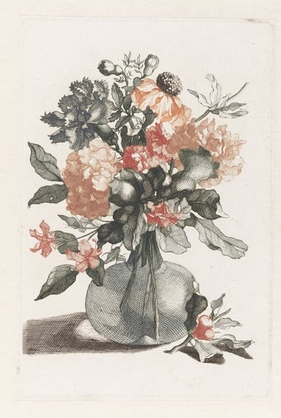 Jarrón de cristal con flores y una rama con flor delante del jarrón de Anonymous