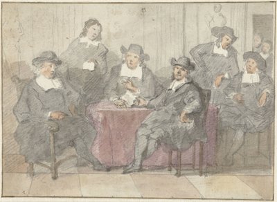 Retrato de grupo de seis caballeros sentados y de pie alrededor de una mesa de Anonymous