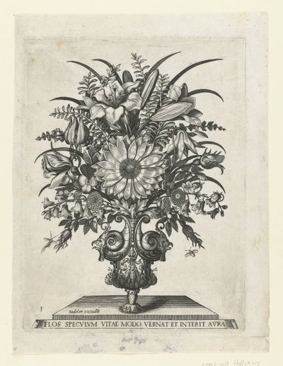 Jarrón grotesco con flores, incluido un girasol. Jarrones con flores (título de la serie) de Anonymous