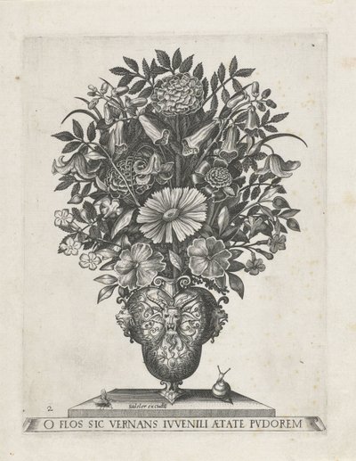 Jarrón grotesco con tres mascarons Jarrones con flores (título de la serie) de Anonymous