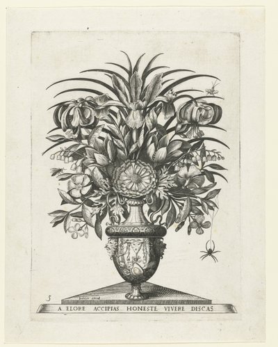 Jarrón grotesco con dos mascarones a cada lado de un bukranion Jarrones con flores (título de la serie) de Anonymous