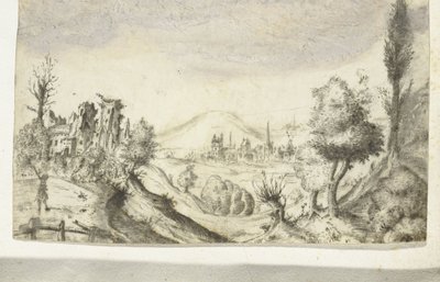 Paisaje montañoso con cazador y ruina. de Anonymous