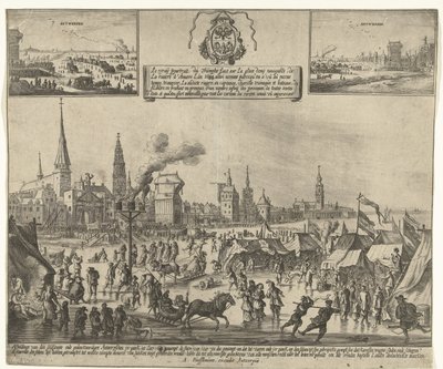 Entretenimiento sobre hielo en el Escalda congelado en Amberes, 1684 Le vray poutraict, du Triomphe faict sur la glace demy navigable, de la riviere d