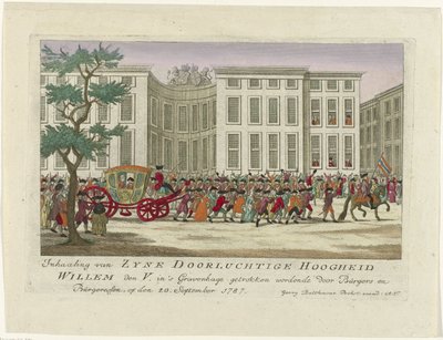 Adelantamiento del Príncipe de Orange, 1787 Adelantamiento de Zyne Serene Highness Willem den V. dibujado en La Haya por Burgers y Burgeressen, el 20 de septiembre de 1787 (título sobre el objeto) Grabados alemanes en color sobre los acontecimientos de de Anonymous