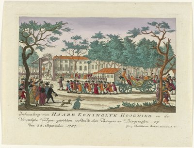 Adelantamiento de la Princesa de Orange y los Niños, 1787 Adelantamiento de Haare Koninglyk Hooghied y Royal Scions, dibujado por Burgers y Burgeressen el 24 de septiembre de 1787 (título sobre el objeto) Láminas alemanas a color sobre el evento de Anonymous