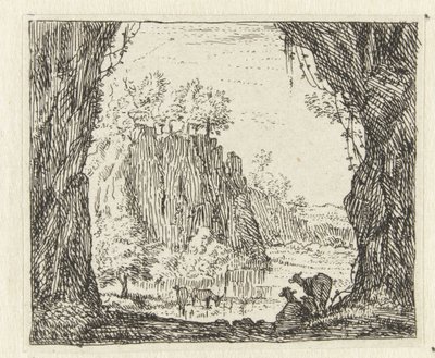 Paisaje italiano con cabras junto a un río. de Anonymous
