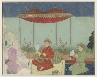 Jahangir sentado bajo un dosel en una terraza de Anonymous