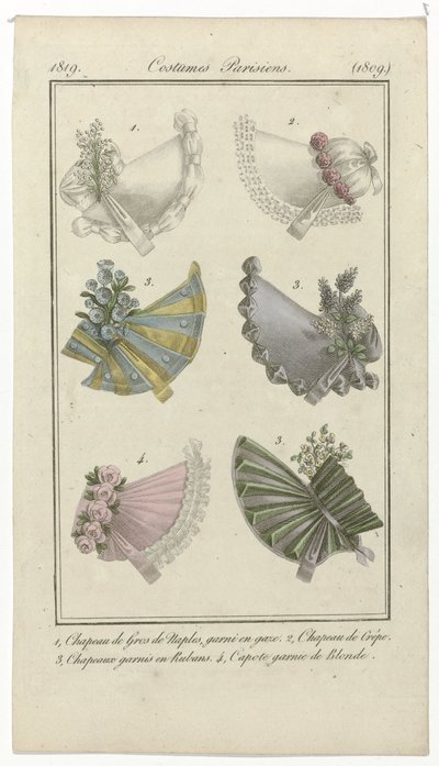 Journal des Dames et des Modes, Costumes Parisiens, 15 de abril de 1819, (1809): 1, Chapeau de Gros de Naples (...) de Anonymous