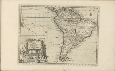 Kaart van Zuid-Amerika América del Sur, según las nuevas observaciones de Mess[ieu]rs of the Royal Academy of Sciences etc. Aumentado de nuevo (título en objeto) Las Indias Orientales y Occidentales y otros lugares (título de la serie) de Anonymous