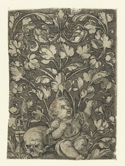 Niño junto a una calavera Decoraciones de superficie con enredaderas de hojas y niños (título de la serie) de Anonymous