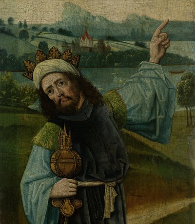 El rey Melchor, uno de los tres Reyes Magos, señalando la estrella, fragmento de Una adoración de los Reyes Magos de Anonymous