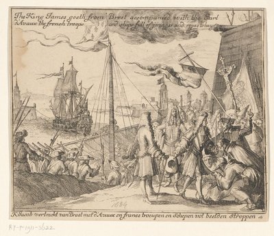 El rey James II parte con las tropas francesas de Brest a Irlanda, 1689 El King James sale de Brest acompañado del Conde d