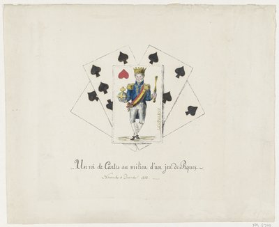 Koning Leopoldo I a partir de hartenkoning, 1831-1832 Un rey de cartas en medio de una baraja de picas (título sobre el objeto) de Anonymous