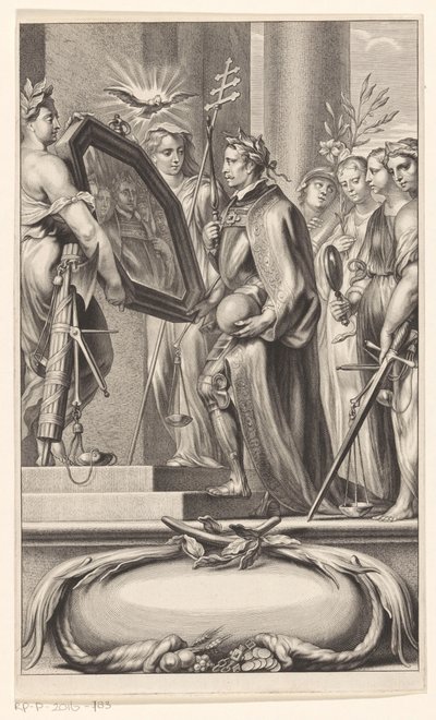 King es sostenido por un espejo por Justice and Faith Página de título para: Petrus Belluga y Camillo Borello, Speculum principum, 1655 de Anonymous
