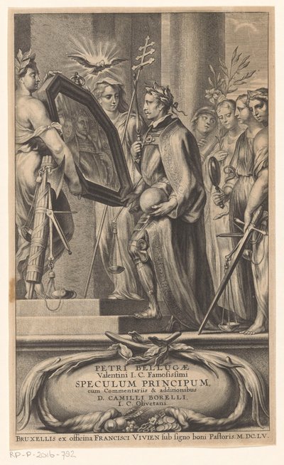 King es sostenido por un espejo por Justice and Faith Página de título para: Petrus Belluga y Camillo Borello, Speculum principum, 1655 de Anonymous