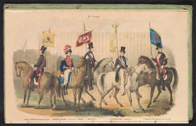 Trajes y estandartes de las guardias de honor de Amsterdam, Delft y Leiden, 1840-1842 IV. Grupo (título en objeto) de Anonymous